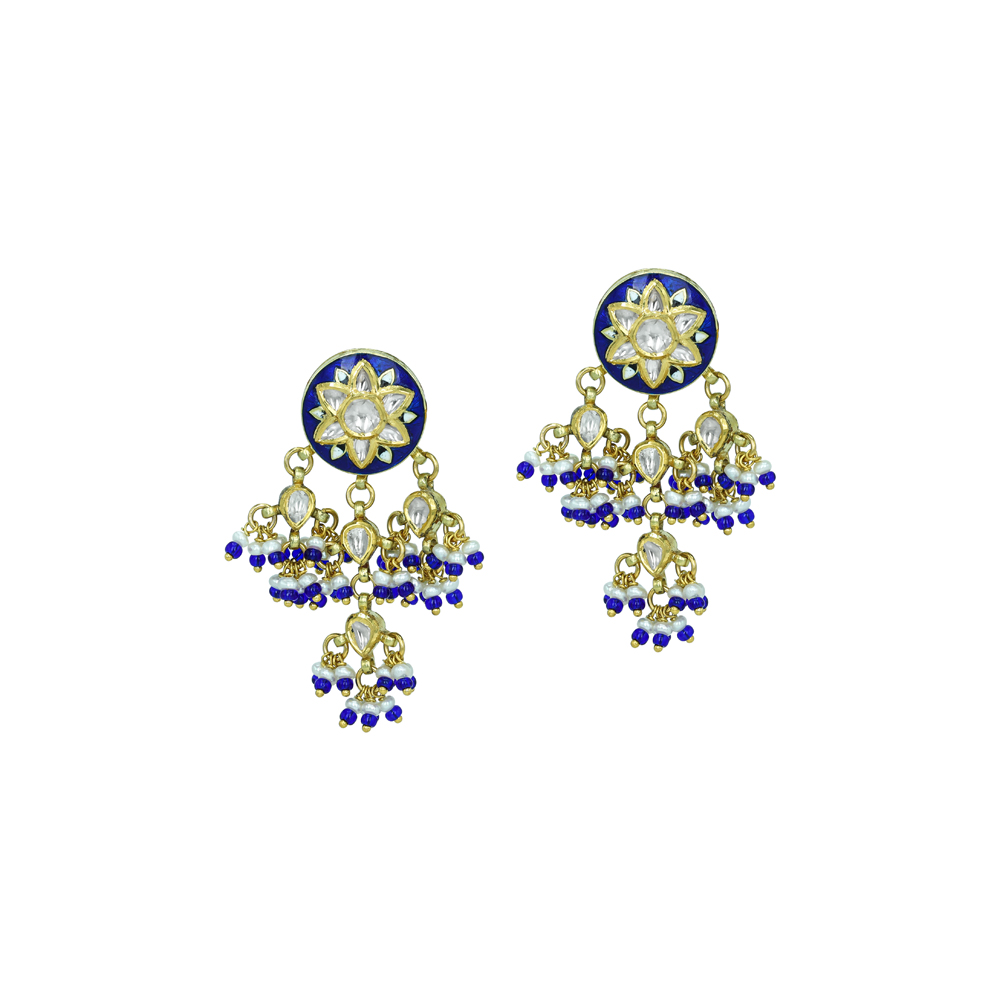Floral Motif Earrings with Blue Enamel and Cascading Beads